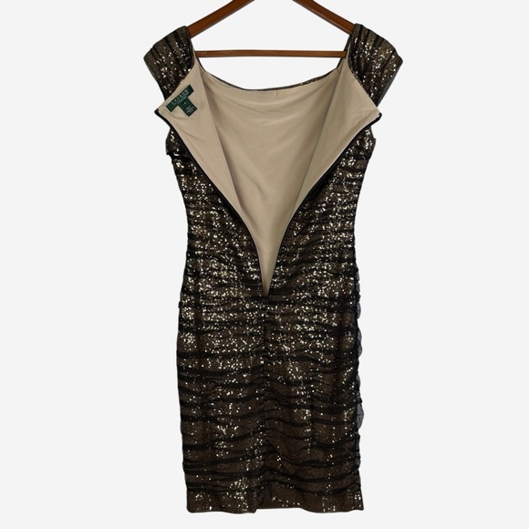 Lauren Ralph Lauren Evening Dress Size 8 Gold Sequined Black Tulle Stretch - Picture 5 of 12